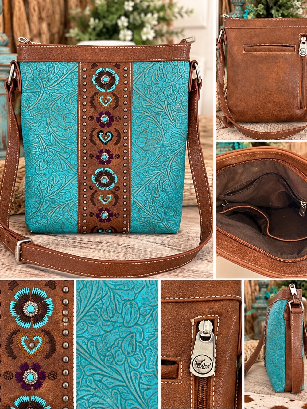 Turquoise Embossed Floral Crossbody with Brown Trim by Wild Wear